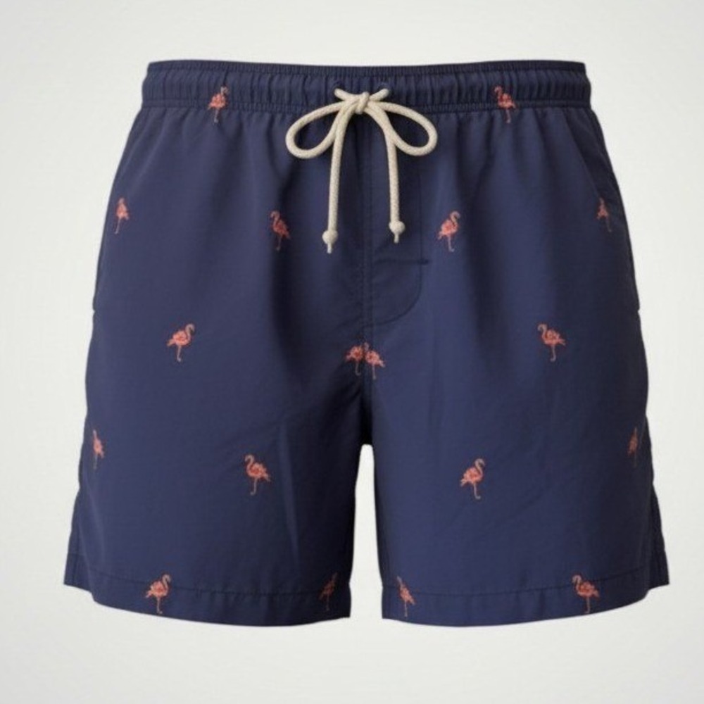 J.McLaughlin Swim Trunks Men Small Blue Flamingo Embroidered Preppy Tropical